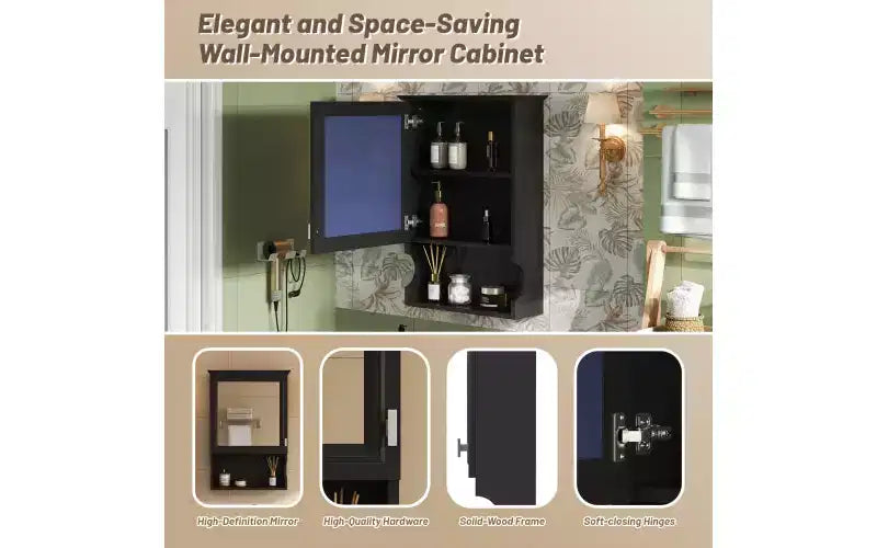 AMMER 20'' Wall Mounted Bathroom Storage Cabinet with Mirror, Wall Mounted Home Storage with Door, Mirrored Wall Medicine Cabinet, Black