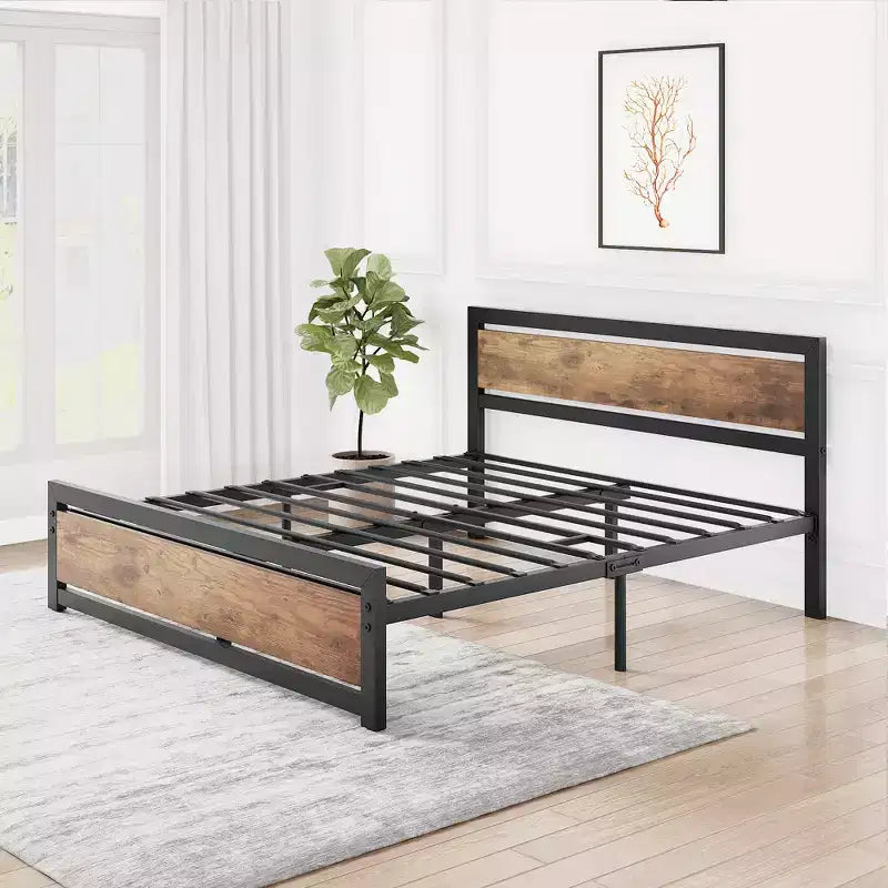 Full Metal Platform Bed Frame with Wooden Headboard, Heavy Duty, Non-Slip, Large Underbed Storage, No Box Spring Needed, Noise-Free, Full Size