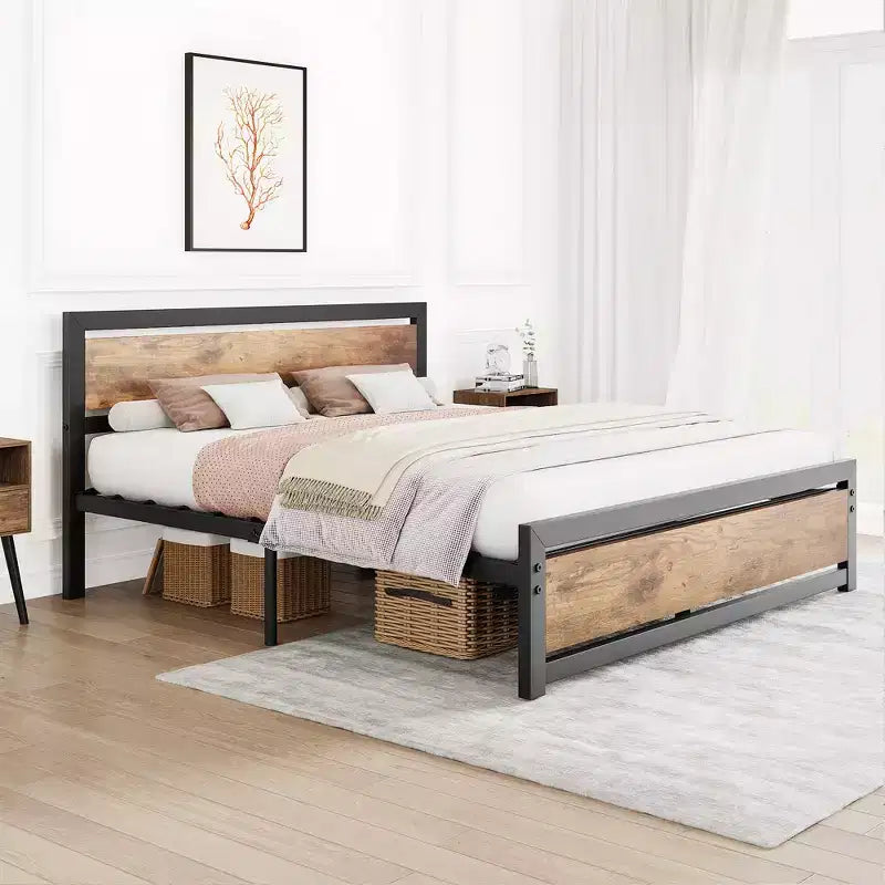 Full Metal Platform Bed Frame with Wooden Headboard, Heavy Duty, Non-Slip, Large Underbed Storage, No Box Spring Needed, Noise-Free, Full Size