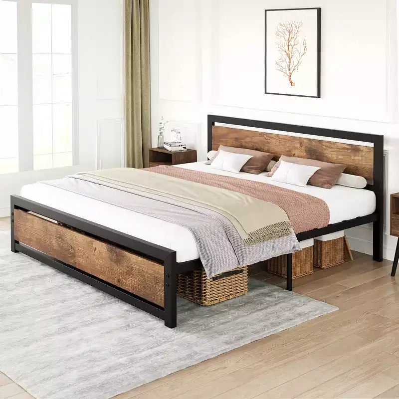 Full Metal Platform Bed Frame with Wooden Headboard, Heavy Duty, Non-Slip, Large Underbed Storage, No Box Spring Needed, Noise-Free, Full Size