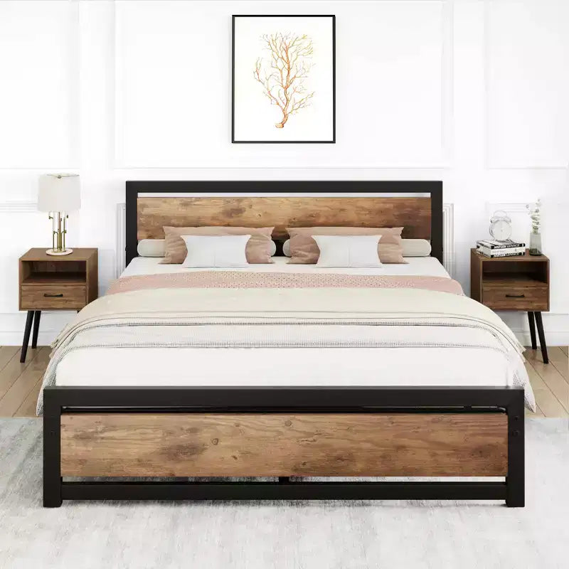 Full Metal Platform Bed Frame with Wooden Headboard, Heavy Duty, Non-Slip, Large Underbed Storage, No Box Spring Needed, Noise-Free, Full Size