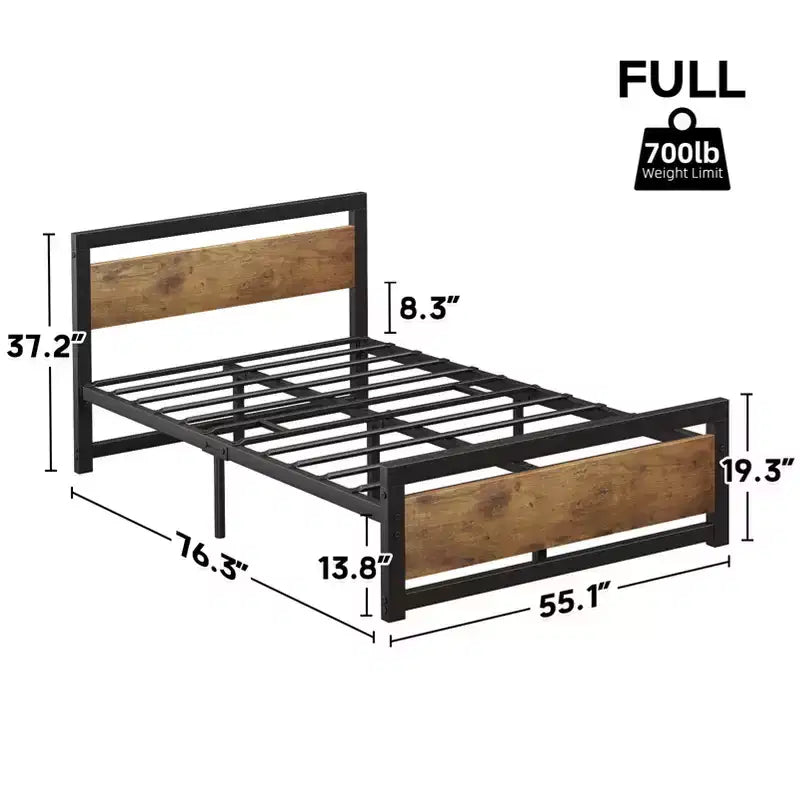 Full Metal Platform Bed Frame with Wooden Headboard, Heavy Duty, Non-Slip, Large Underbed Storage, No Box Spring Needed, Noise-Free, Full Size