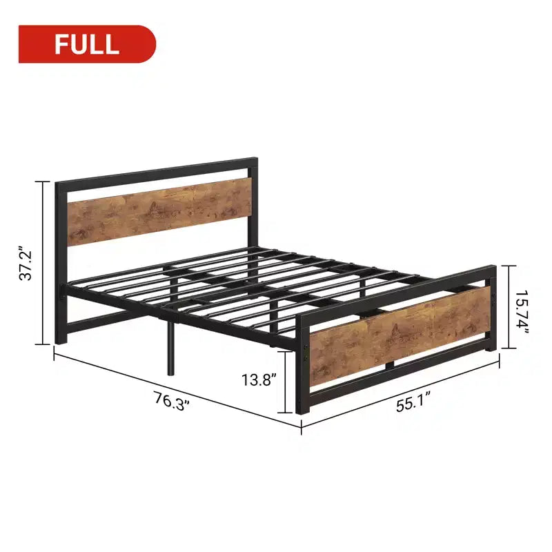 Full Metal Platform Bed Frame with Wooden Headboard, Heavy Duty, Non-Slip, Large Underbed Storage, No Box Spring Needed, Noise-Free, Full Size