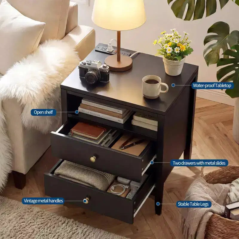 Table de chevet moderne, table de chevet en bois avec 2 tiroirs et étagère ouverte, table d'appoint de style rustique, table d'appoint de canapé pour chambre, bureau, salon