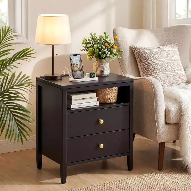 Table de chevet moderne, table de chevet en bois avec 2 tiroirs et étagère ouverte, table d'appoint de style rustique, table d'appoint de canapé pour chambre, bureau, salon