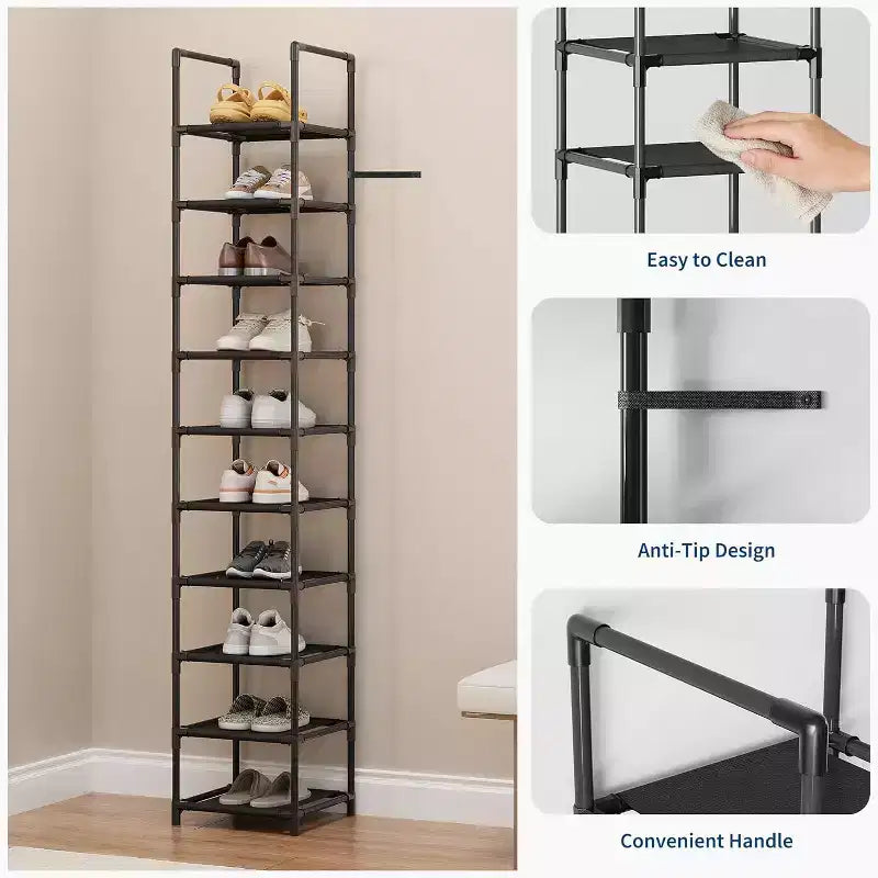 10 Tier Metal Shoe Rack, Tall Space Saving Shoe Organizer with Removable Fabric Shelves for Closet, Entryway, Bedroom