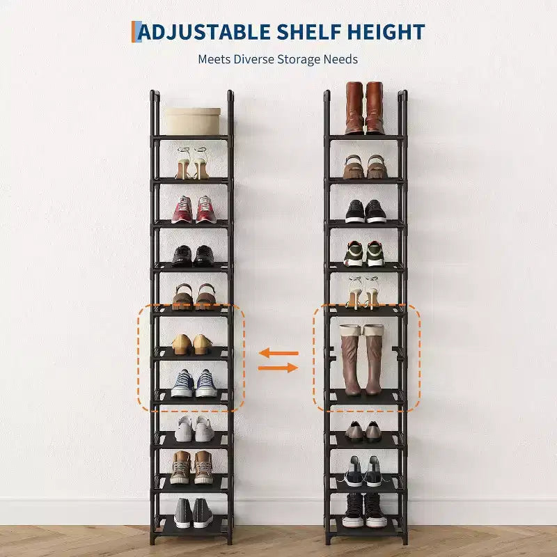 10 Tier Metal Shoe Rack, Tall Space Saving Shoe Organizer with Removable Fabric Shelves for Closet, Entryway, Bedroom
