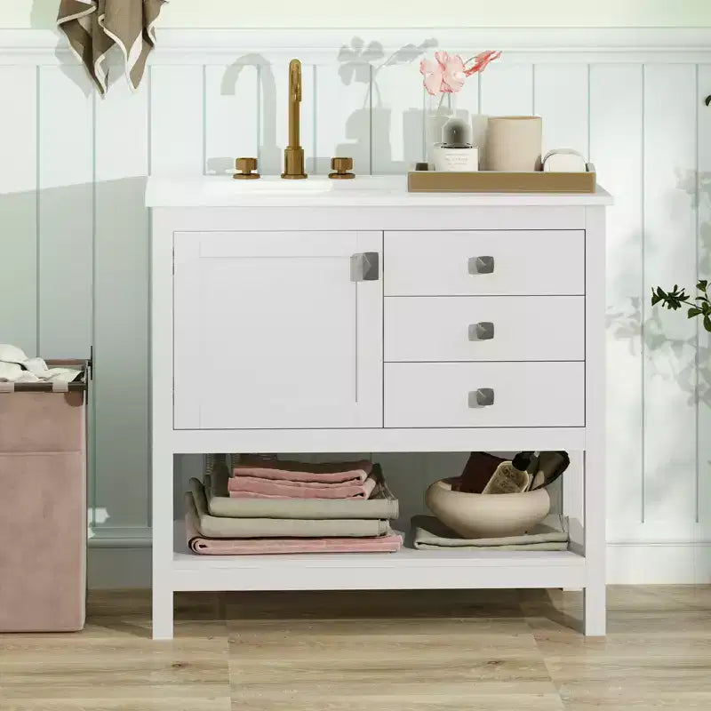 Meuble sous-vasque Costway avec lavabo et très large plan de travail en granit, évier en céramique