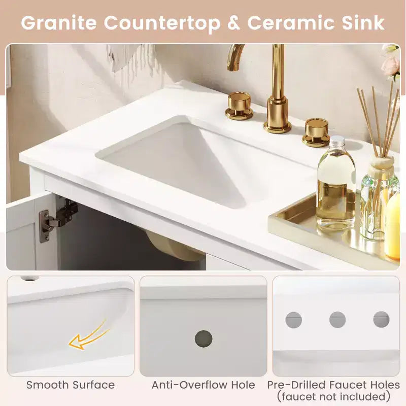 Meuble sous-vasque Costway avec lavabo et très large plan de travail en granit, évier en céramique