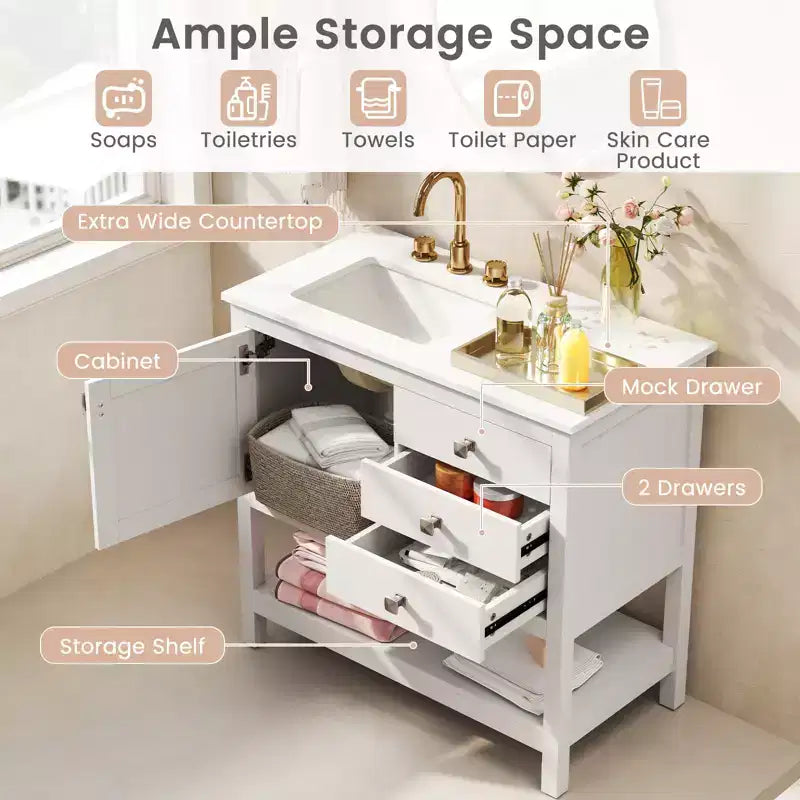 Meuble sous-vasque Costway avec lavabo et très large plan de travail en granit, évier en céramique