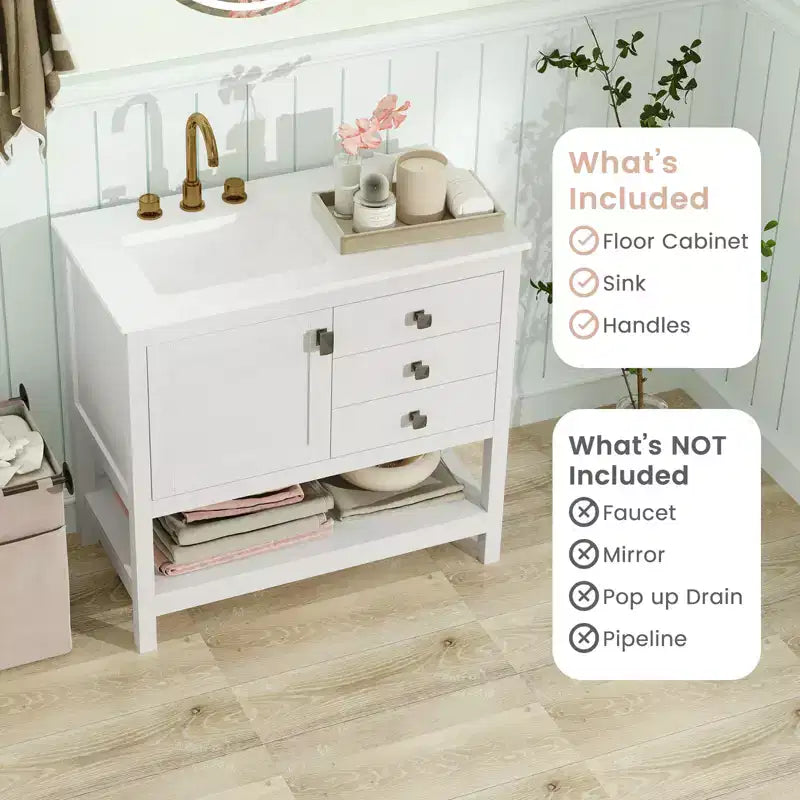 Meuble sous-vasque Costway avec lavabo et très large plan de travail en granit, évier en céramique