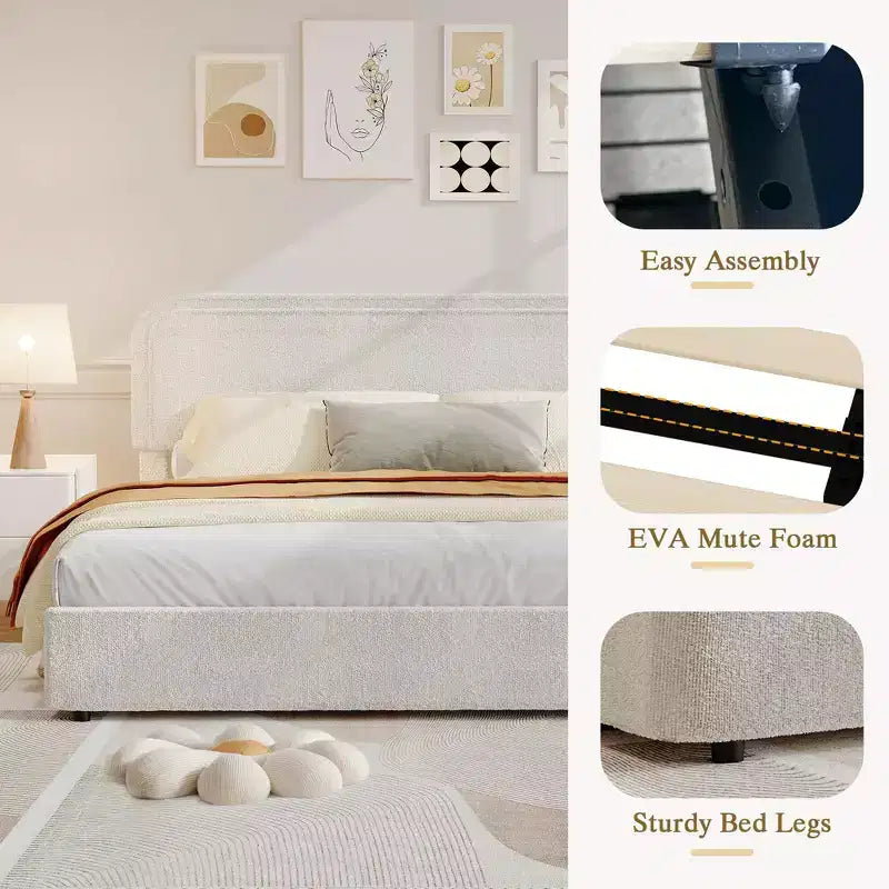 Full Size Boucle Upholstered Platform Bed, Light Beige, Headboard, 4 Drawers, Wood Slats, Noise-Free, Easy Assembly, No Box Spring Needed