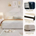 Full Size Boucle Upholstered Platform Bed, Light Beige, Headboard, 4 Drawers, Wood Slats, Noise-Free, Easy Assembly, No Box Spring Needed