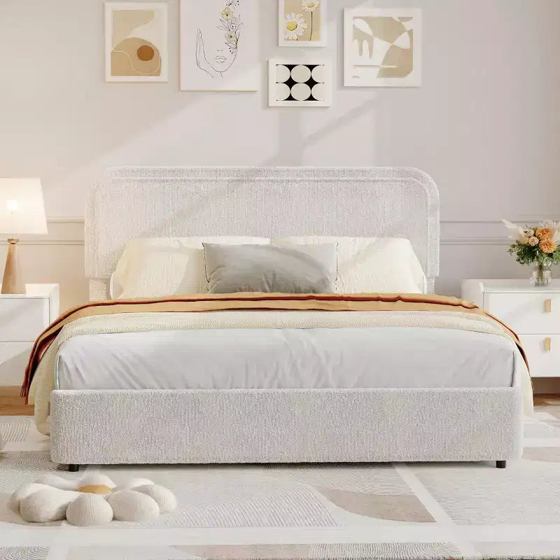 Full Size Boucle Upholstered Platform Bed, Light Beige, Headboard, 4 Drawers, Wood Slats, Noise-Free, Easy Assembly, No Box Spring Needed