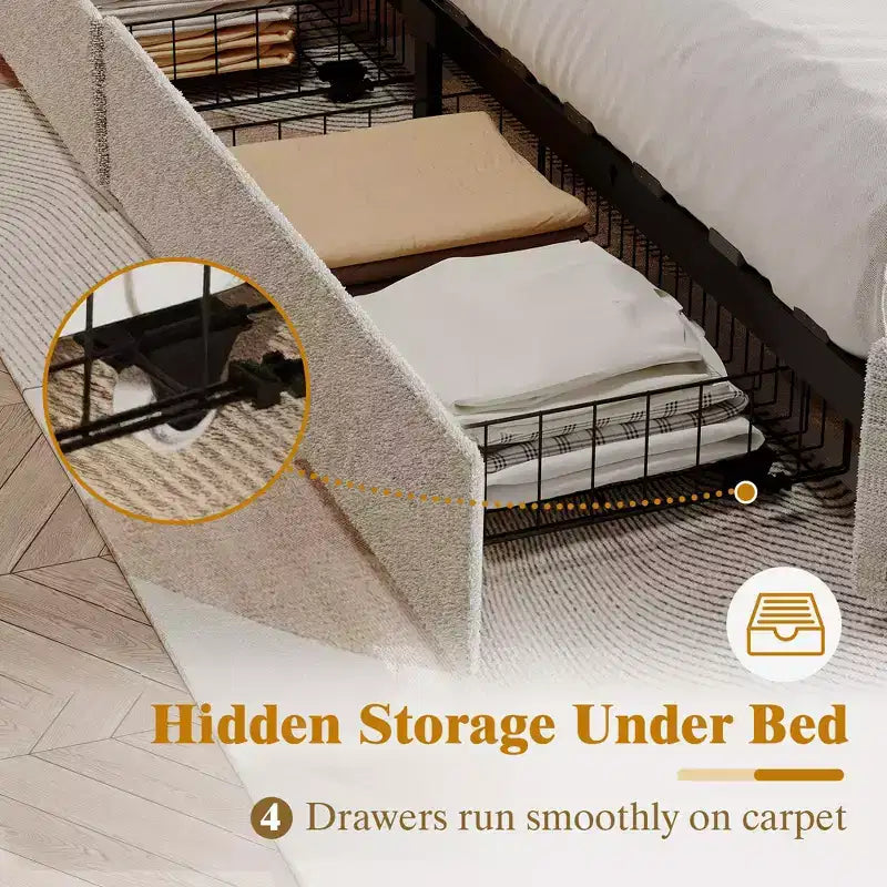 Full Size Boucle Upholstered Platform Bed, Light Beige, Headboard, 4 Drawers, Wood Slats, Noise-Free, Easy Assembly, No Box Spring Needed