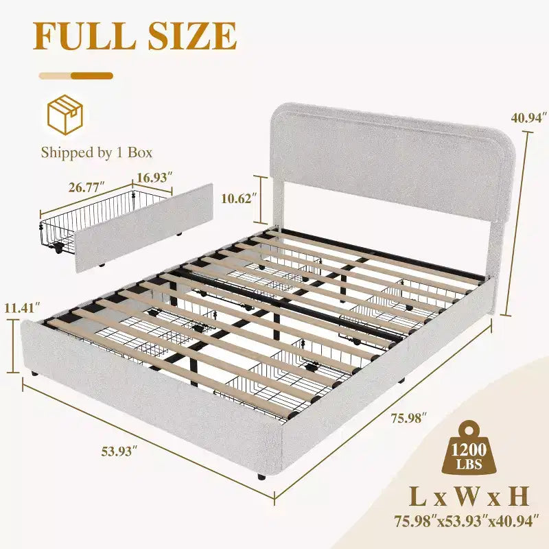 Full Size Boucle Upholstered Platform Bed, Light Beige, Headboard, 4 Drawers, Wood Slats, Noise-Free, Easy Assembly, No Box Spring Needed