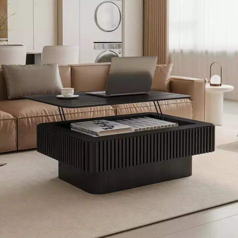 JVNOXK 38.6'' Fluted Lift-Top Coffee Table with Storage, Solid Wood Veneer Adjustable Height Modern Accent Table for Living Room,Office, Black
