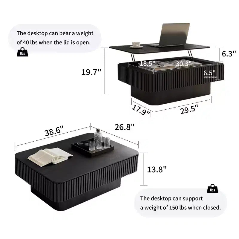 JVNOXK 38.6'' Fluted Lift-Top Coffee Table with Storage, Solid Wood Veneer Adjustable Height Modern Accent Table for Living Room,Office, Black