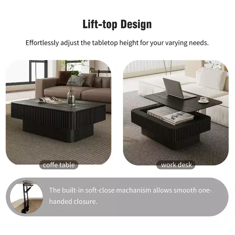 JVNOXK 38.6'' Fluted Lift-Top Coffee Table with Storage, Solid Wood Veneer Adjustable Height Modern Accent Table for Living Room,Office, Black