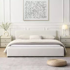 Queen/King Size Upholstered Platform Bed Frame Elegant Minimalist Bed with Headboard, Beige - ModernLuxe