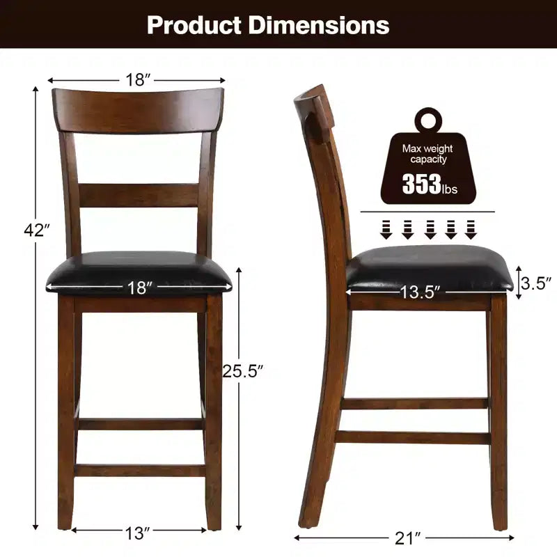 Costway Set of 2 Barstools Counter Height Chairs with Leather Seat&Rubber Wood Legs Brown, Black