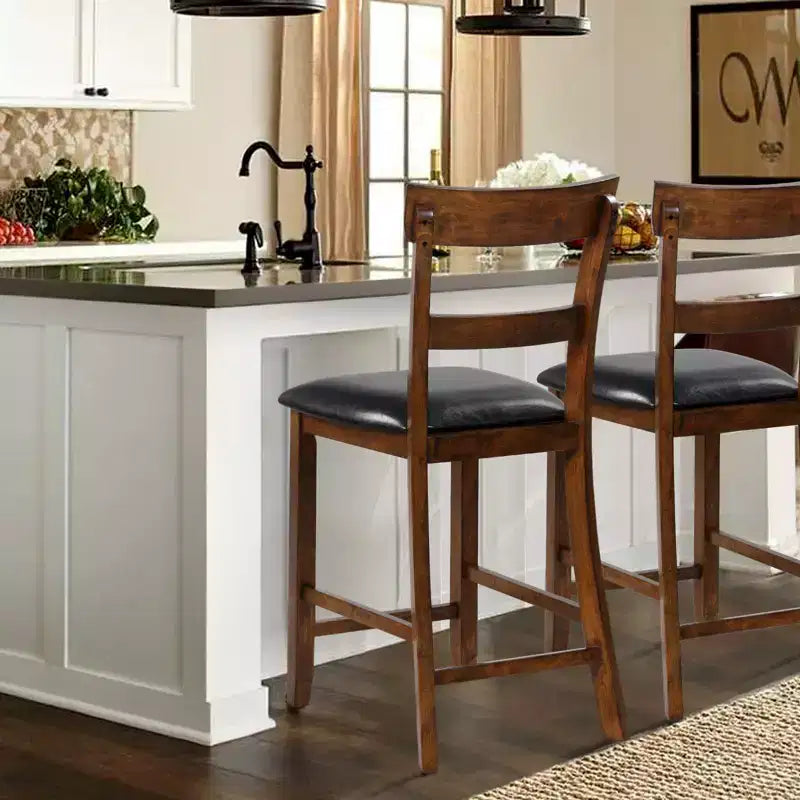 Costway Set of 2 Barstools Counter Height Chairs with Leather Seat&Rubber Wood Legs Brown, Black