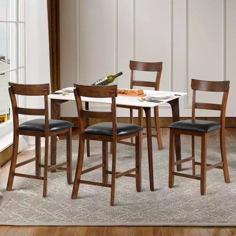 Costway Set of 2 Barstools Counter Height Chairs with Leather Seat&Rubber Wood Legs Brown, Black