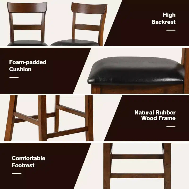 Costway Set of 2 Barstools Counter Height Chairs with Leather Seat&Rubber Wood Legs Brown, Black