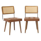 Natural Rattan Dining Chairs Set of 2, Linen Upholstered Kitchen Chairs with Tall Cane Backrest for Dining Room, Kitchen, Restaurant, Beige