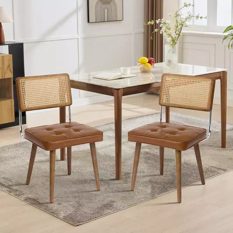 Chaises de salle à manger en rotin naturel (lot de 2), chaises de cuisine rembourrées en lin avec haut dossier en canne pour salle à manger, cuisine, restaurant, beige