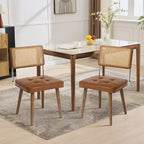 Chaises de salle à manger en rotin naturel (lot de 2), chaises de cuisine rembourrées en lin avec haut dossier en canne pour salle à manger, cuisine, restaurant, beige