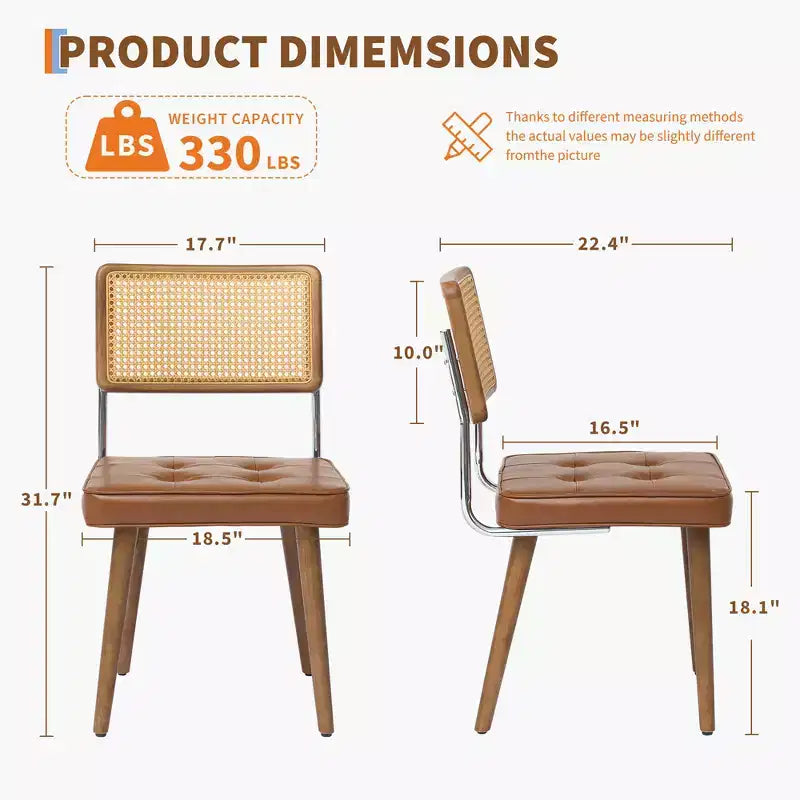 Chaises de salle à manger en rotin naturel (lot de 2), chaises de cuisine rembourrées en lin avec haut dossier en canne pour salle à manger, cuisine, restaurant, beige