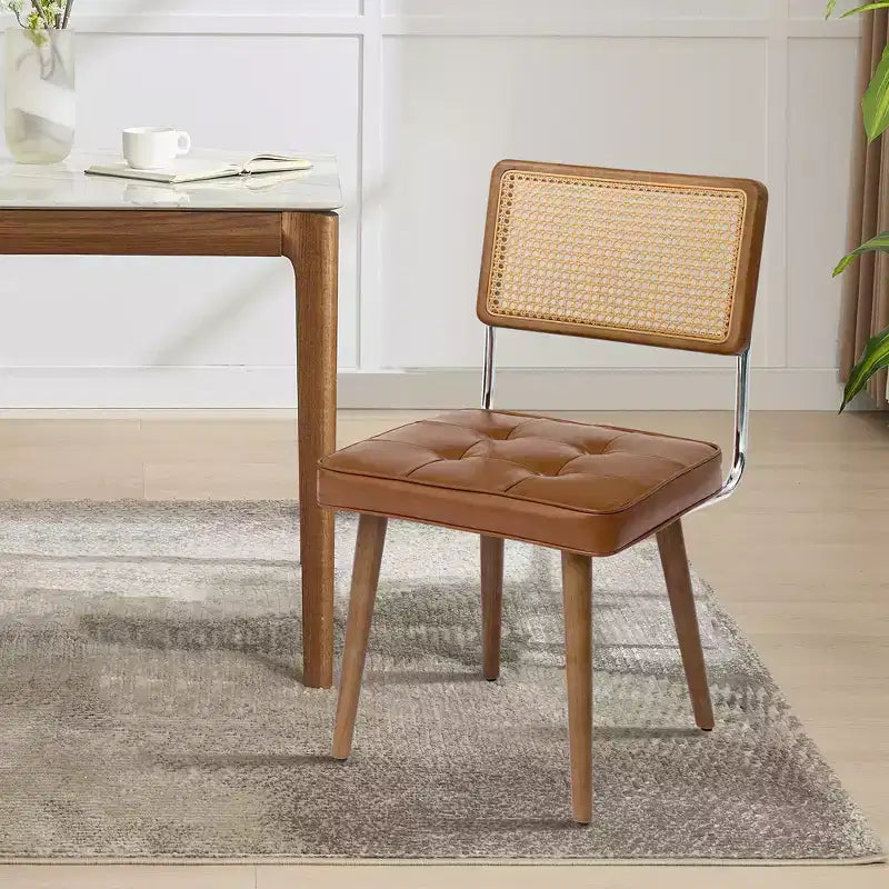 Chaises de salle à manger en rotin naturel (lot de 2), chaises de cuisine rembourrées en lin avec haut dossier en canne pour salle à manger, cuisine, restaurant, beige