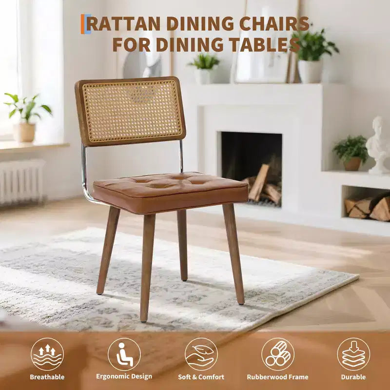Chaises de salle à manger en rotin naturel (lot de 2), chaises de cuisine rembourrées en lin avec haut dossier en canne pour salle à manger, cuisine, restaurant, beige