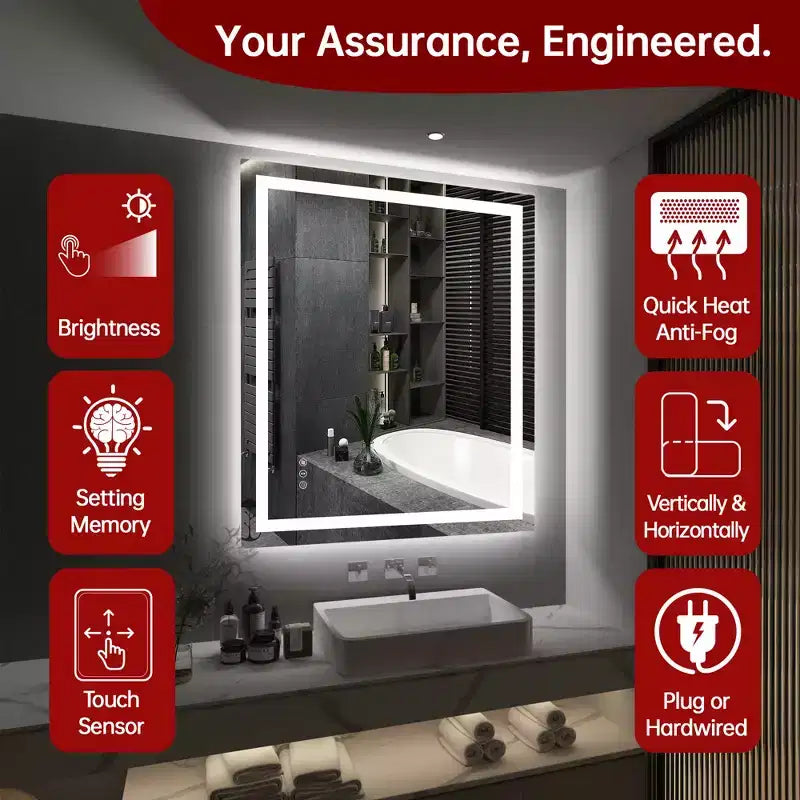 SUMERAIN 30x36 Wall Tempered Glass Bathroom Mirror, ETL Anti-Fog Vanity Mirror 3 Color Temperatures