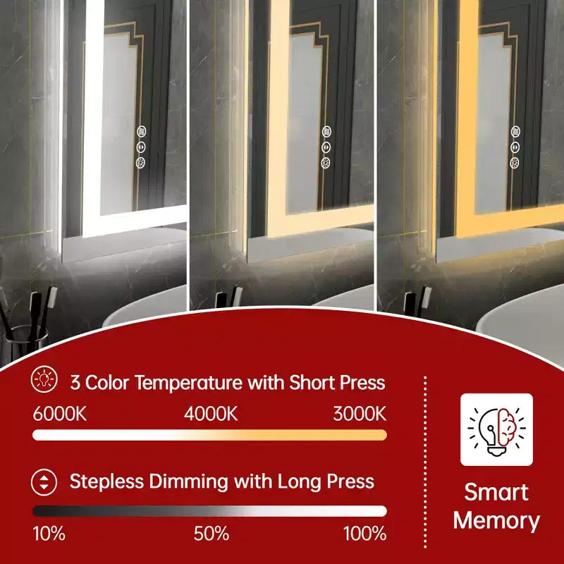 SUMERAIN 30x36 Wall Tempered Glass Bathroom Mirror, ETL Anti-Fog Vanity Mirror 3 Color Temperatures