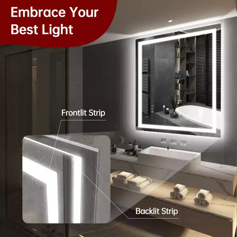 SUMERAIN 30x36 Wall Tempered Glass Bathroom Mirror, ETL Anti-Fog Vanity Mirror 3 Color Temperatures