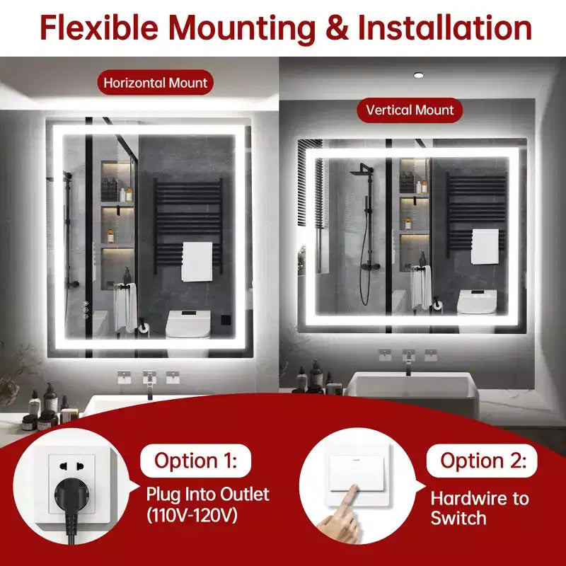 SUMERAIN 30x36 Wall Tempered Glass Bathroom Mirror, ETL Anti-Fog Vanity Mirror 3 Color Temperatures