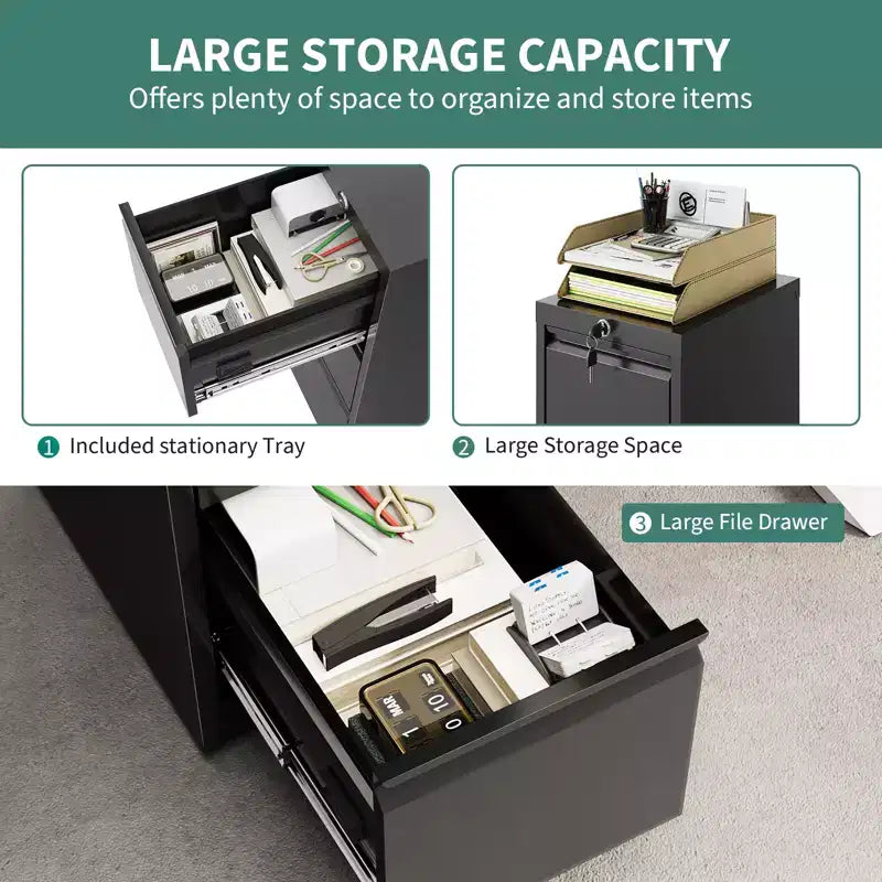 3-Drawer Lockable File Cabinet  Black Metal Storage for Home Office  Holds Letter/Legal/A4/F4 Files