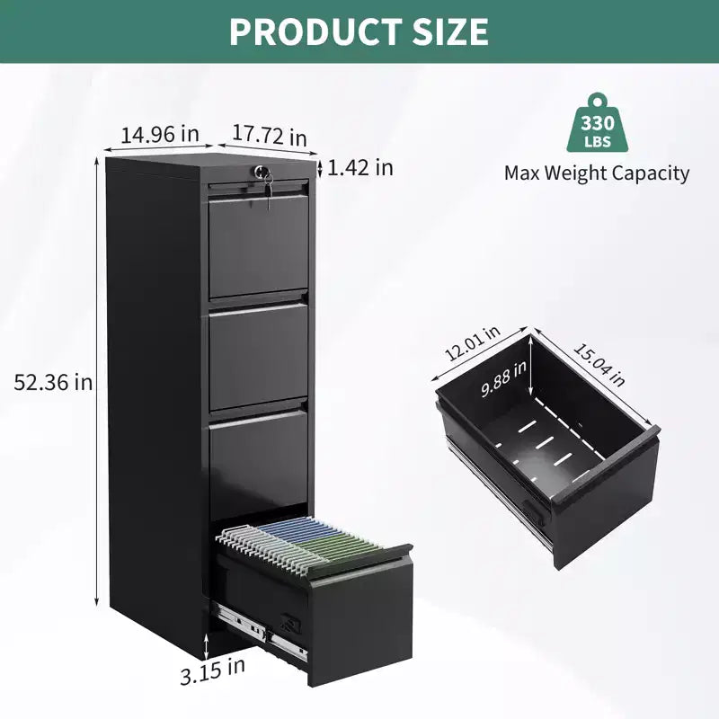3-Drawer Lockable File Cabinet  Black Metal Storage for Home Office  Holds Letter/Legal/A4/F4 Files