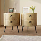 Round Side Table with Drawers, 2pcs Farmhouse Bedside Table, Wood Accent Table with Metal Legs & 300lb Capacity for Living Room, Bedroom, Office