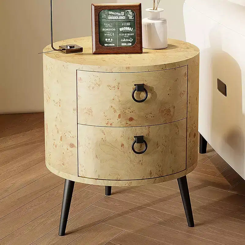 Round Side Table with Drawers, 2pcs Farmhouse Bedside Table, Wood Accent Table with Metal Legs & 300lb Capacity for Living Room, Bedroom, Office
