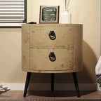 Round Side Table with Drawers, 2pcs Farmhouse Bedside Table, Wood Accent Table with Metal Legs & 300lb Capacity for Living Room, Bedroom, Office