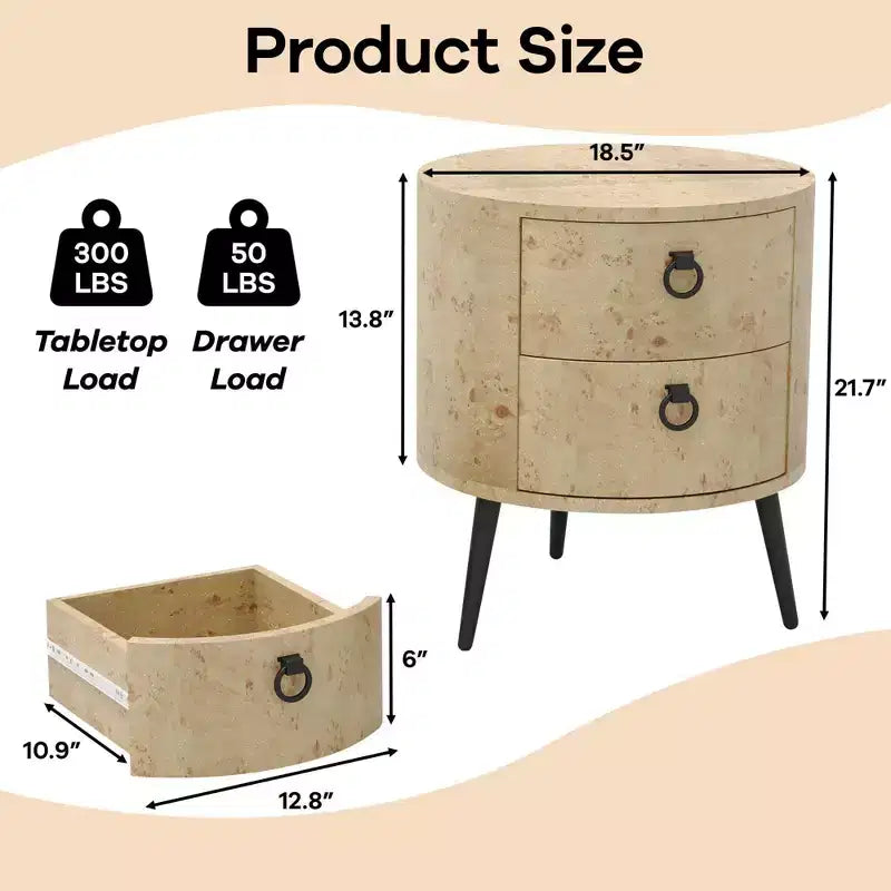 Round Side Table with Drawers, 2pcs Farmhouse Bedside Table, Wood Accent Table with Metal Legs & 300lb Capacity for Living Room, Bedroom, Office