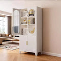 White Tall Storage Cabinet with Glass Doors, Freestanding Arched Pantry Cabinet with Shelves, Kitchen Cabinet for Dining Room, Bathroom, Living Room