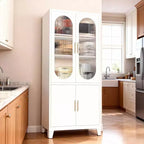 White Tall Storage Cabinet with Glass Doors, Freestanding Arched Pantry Cabinet with Shelves, Kitchen Cabinet for Dining Room, Bathroom, Living Room