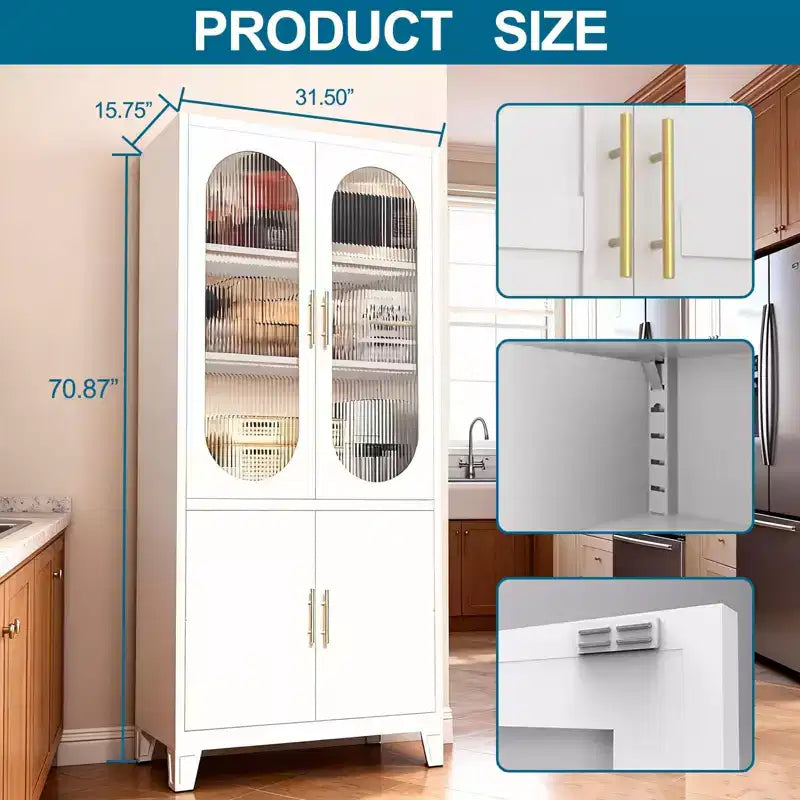 White Tall Storage Cabinet with Glass Doors, Freestanding Arched Pantry Cabinet with Shelves, Kitchen Cabinet for Dining Room, Bathroom, Living Room