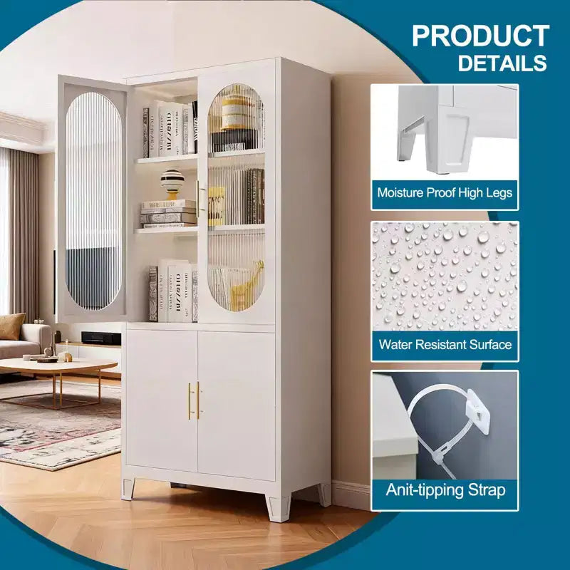 White Tall Storage Cabinet with Glass Doors, Freestanding Arched Pantry Cabinet with Shelves, Kitchen Cabinet for Dining Room, Bathroom, Living Room