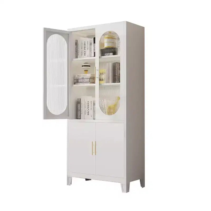 White Tall Storage Cabinet with Glass Doors, Freestanding Arched Pantry Cabinet with Shelves, Kitchen Cabinet for Dining Room, Bathroom, Living Room