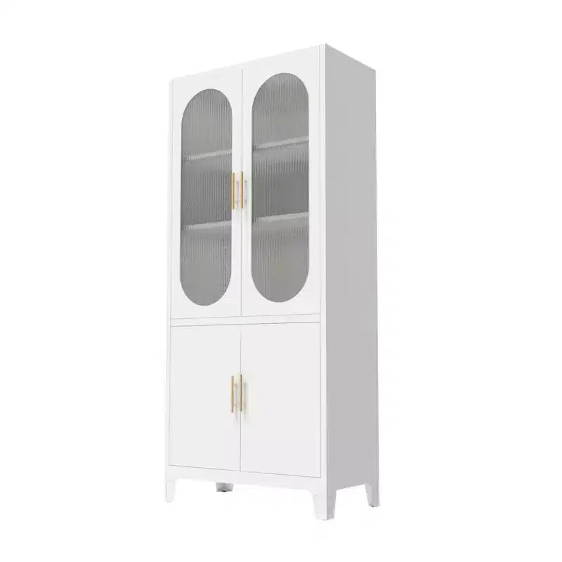 White Tall Storage Cabinet with Glass Doors, Freestanding Arched Pantry Cabinet with Shelves, Kitchen Cabinet for Dining Room, Bathroom, Living Room